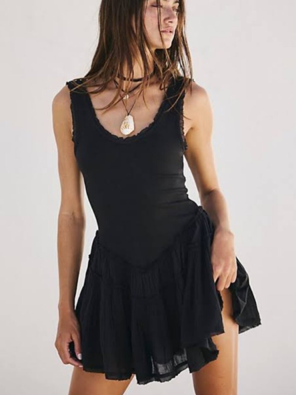 Free People Izi Drop-Waist Mini Dress Romantic Frayed Black Tiered M